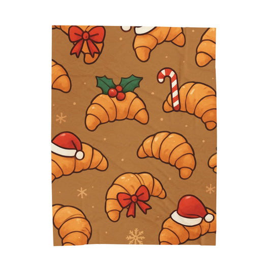 Christmas Croissant Velveteen Plush Blanket – Cozy Holiday Pastry Print
