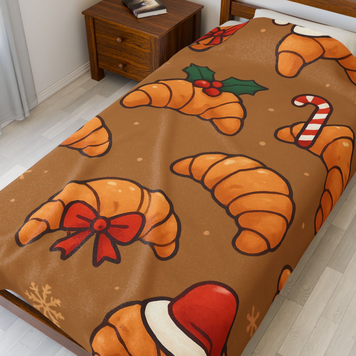 Christmas Croissant Velveteen Plush Blanket – Cozy Holiday Pastry Print