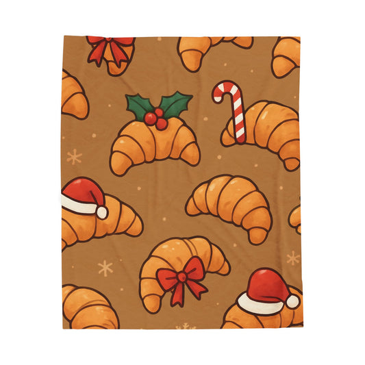 Christmas Croissant Velveteen Plush Blanket – Cozy Holiday Pastry Print