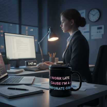 Corporate Girlie Black Mug — 'I Work Late Cause I'm a Corporate Girlie' 11oz/15oz