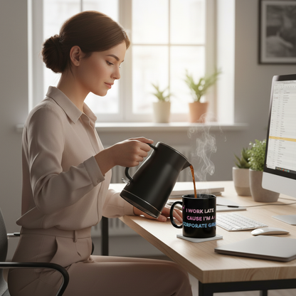 Corporate Girlie Black Mug — 'I Work Late Cause I'm a Corporate Girlie' 11oz/15oz