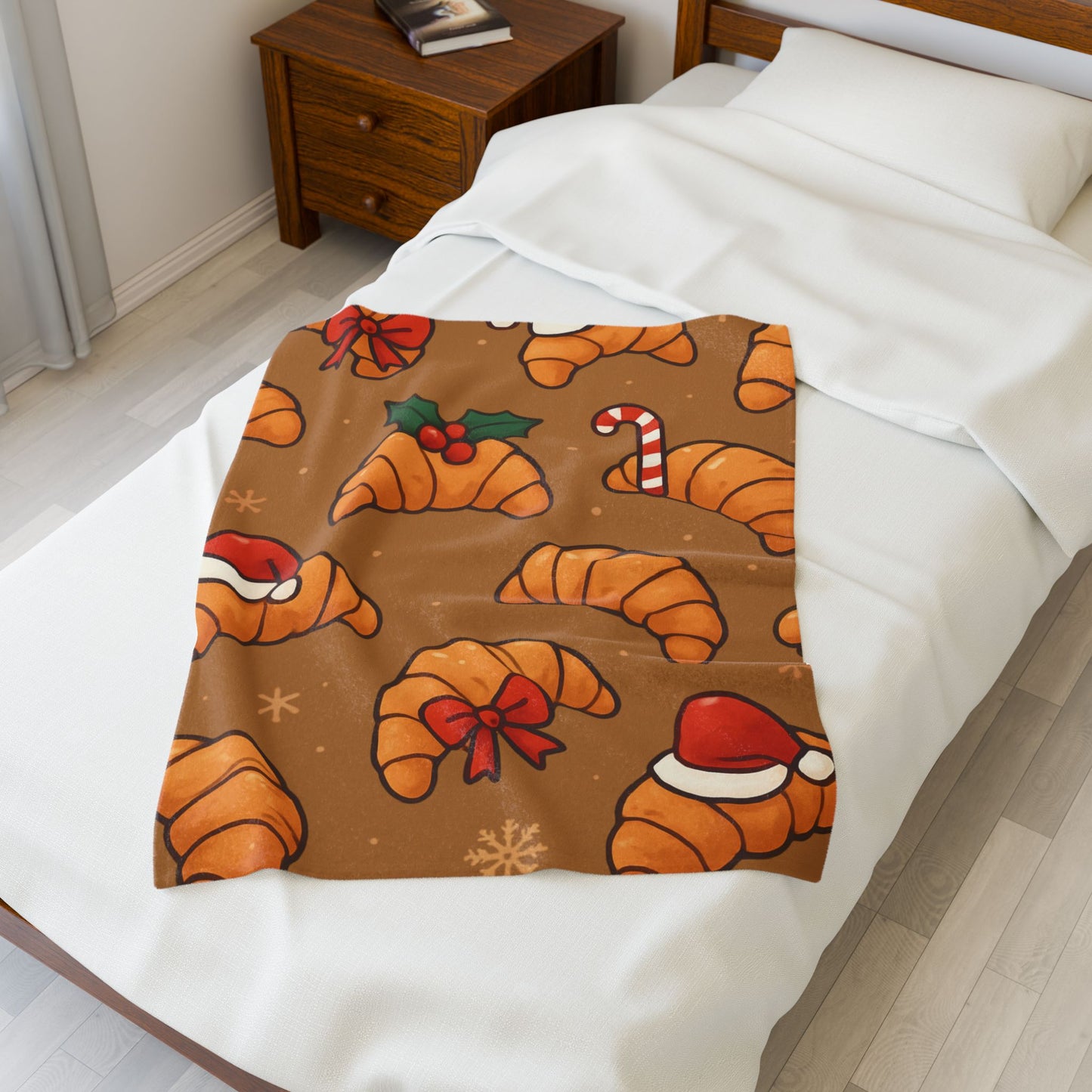 Christmas Croissant Velveteen Plush Blanket – Cozy Holiday Pastry Print