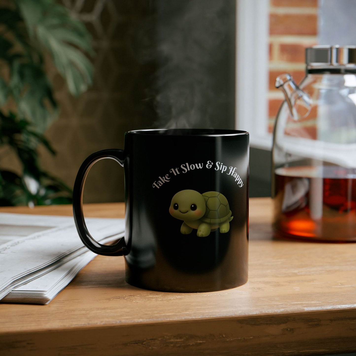 Turtle Coffee Mug — "Take It Slow & Sip Happy" Cute Black Ceramic Mug (11oz, 15oz)
