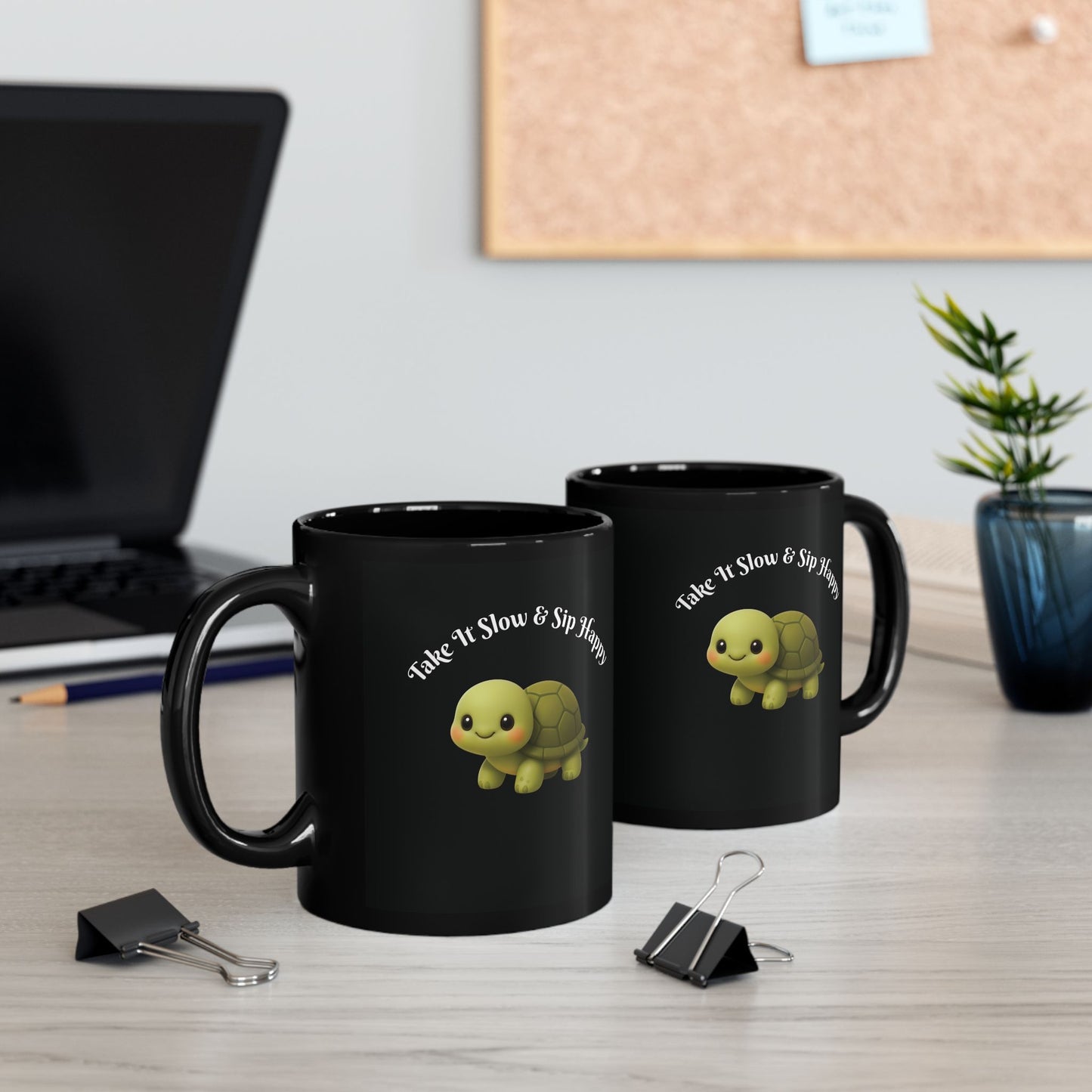 Turtle Coffee Mug — "Take It Slow & Sip Happy" Cute Black Ceramic Mug (11oz, 15oz)