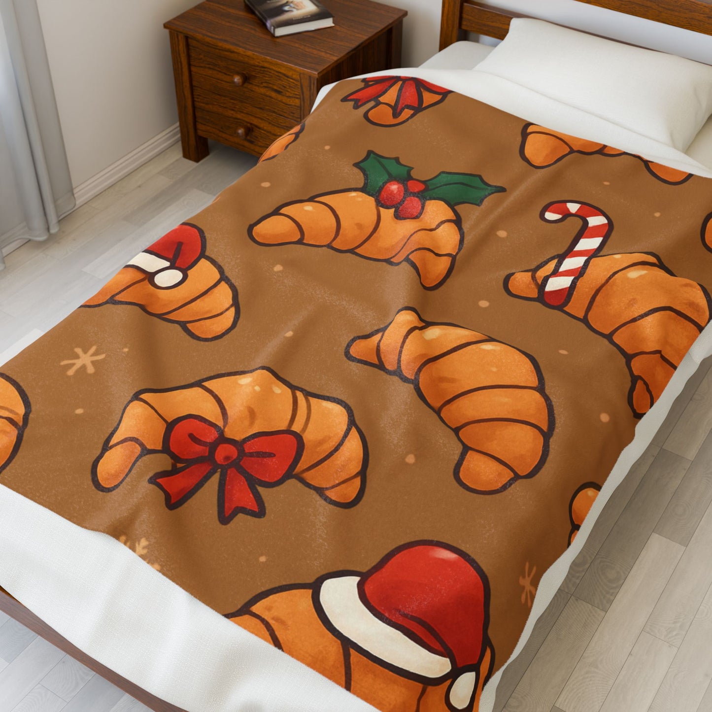 Christmas Croissant Velveteen Plush Blanket – Cozy Holiday Pastry Print